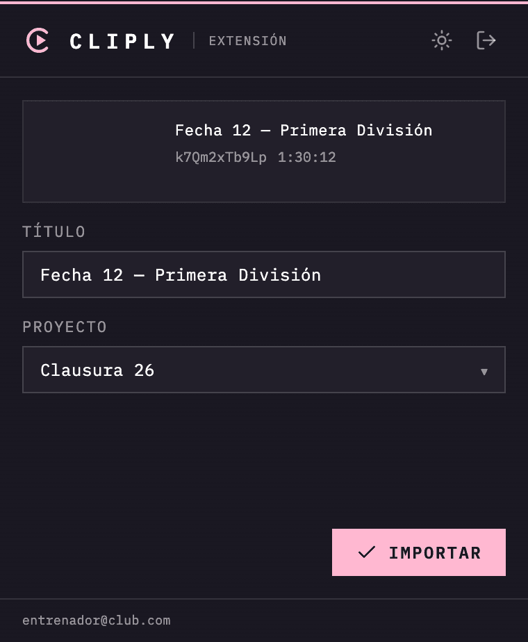 La extensión importando un partido a un proyecto