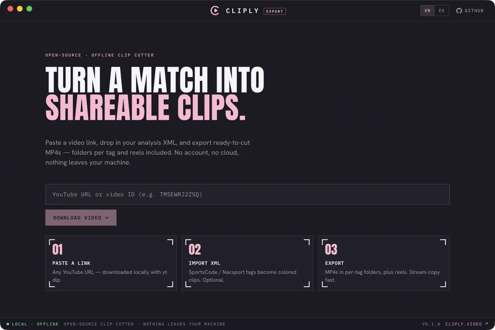 Cliply Exporter desktop app — paste a YouTube link, import your analysis XML, export MP4 clips