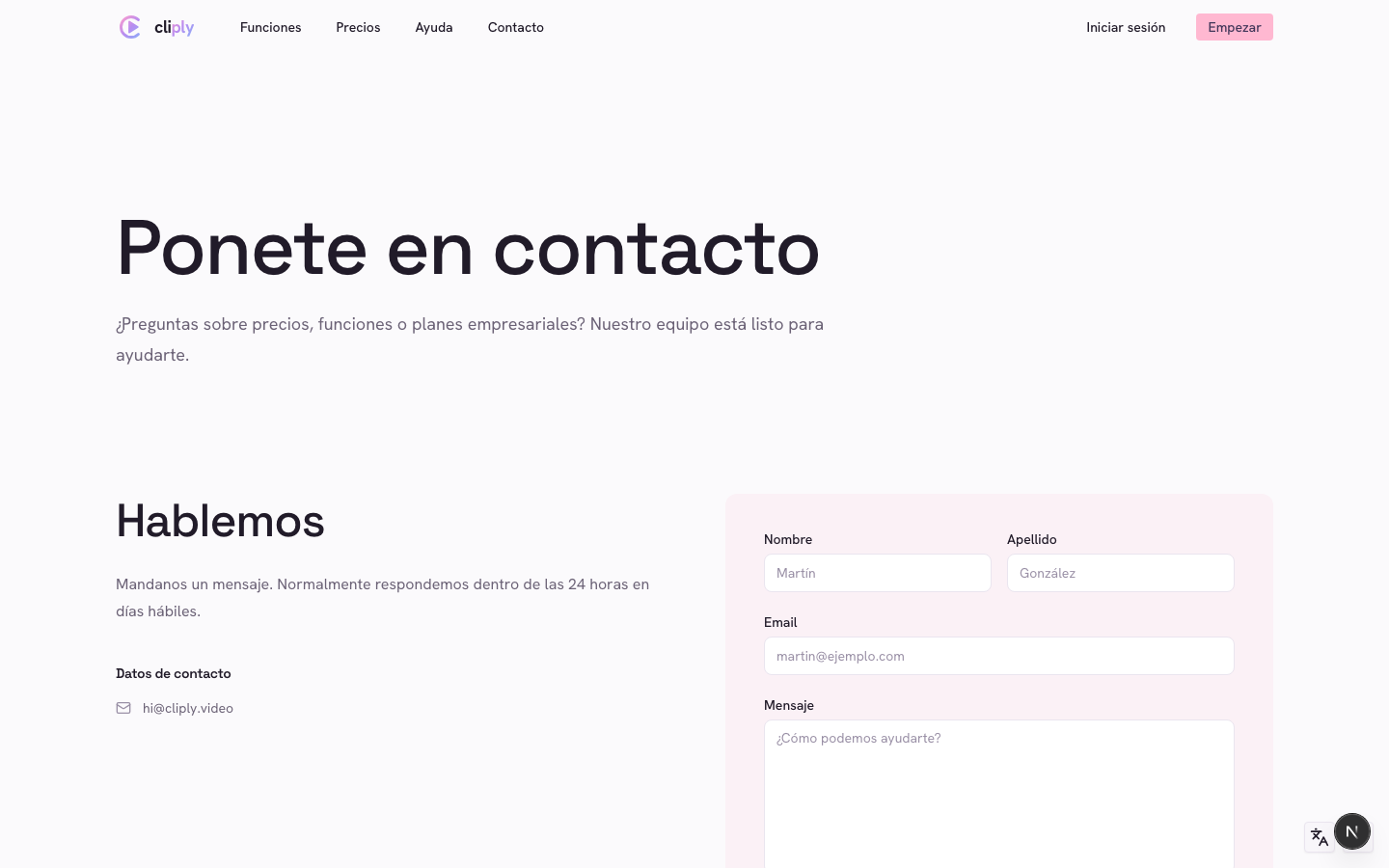El formulario de contacto en el sitio web de Cliply