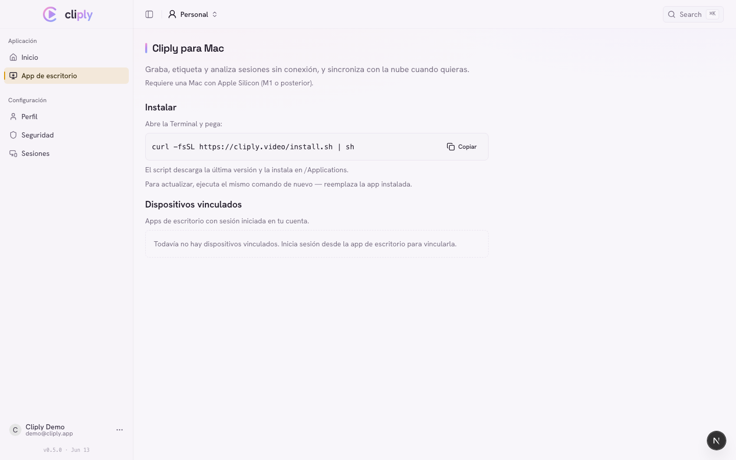 La app de escritorio de Cliply lista para etiquetar video local
